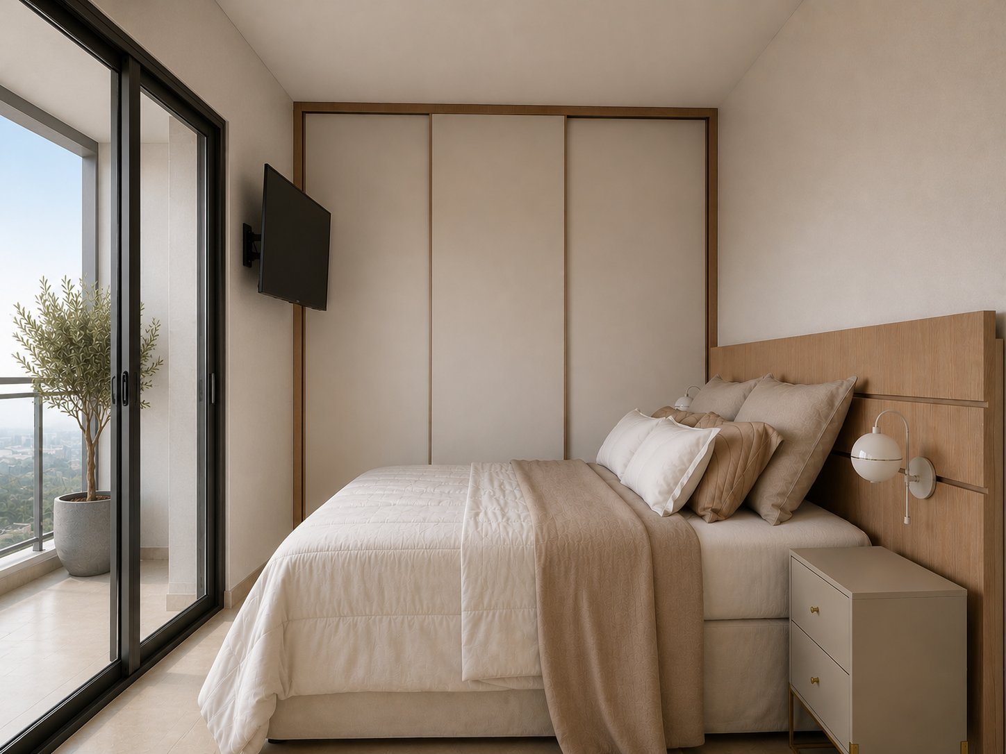 Apartamento Santa Cecília: Suíte serena, com painel de madeira e armários planejados.