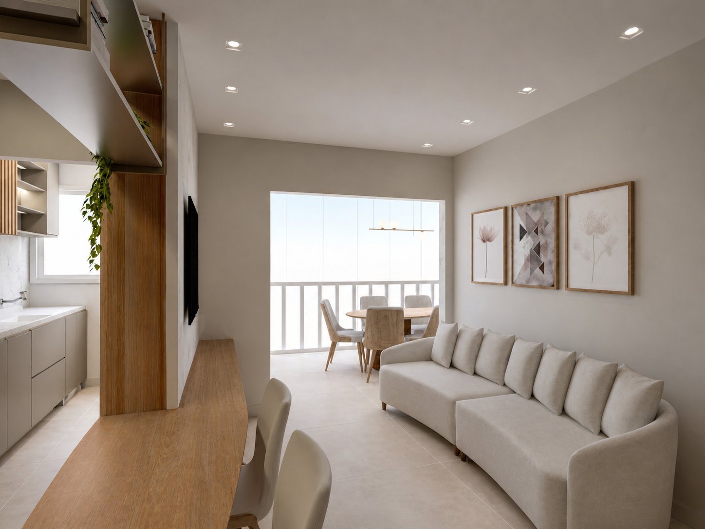 Apartamento Tatuapé: Living integrado em tons claros com marcenaria sob medida.