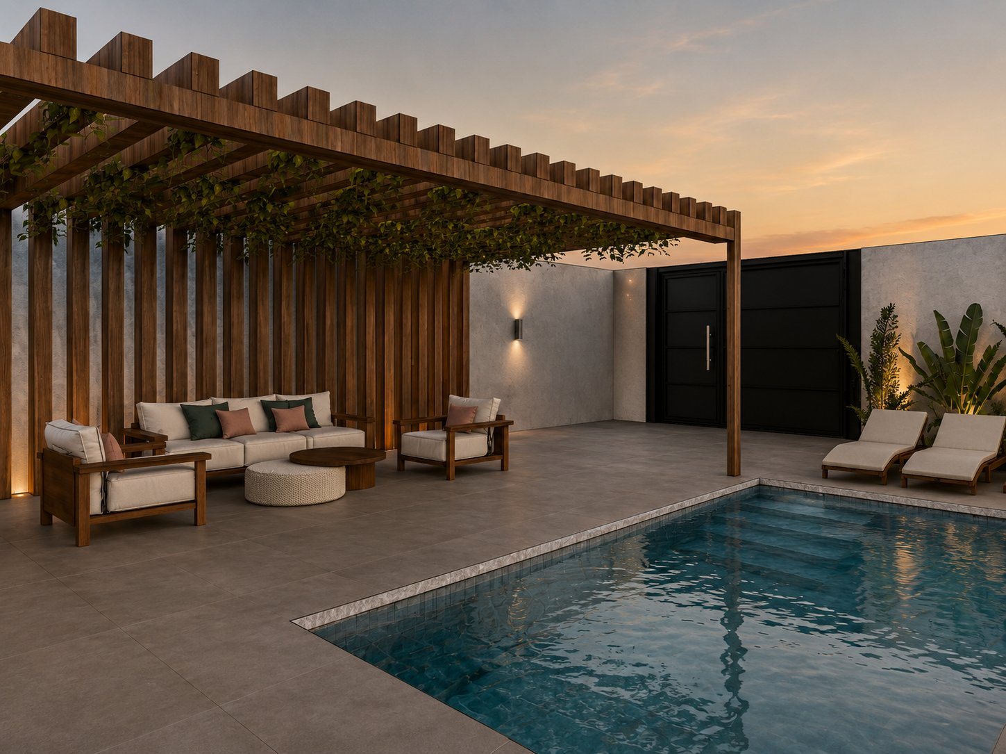 Área gourmet com piscina e pergolado