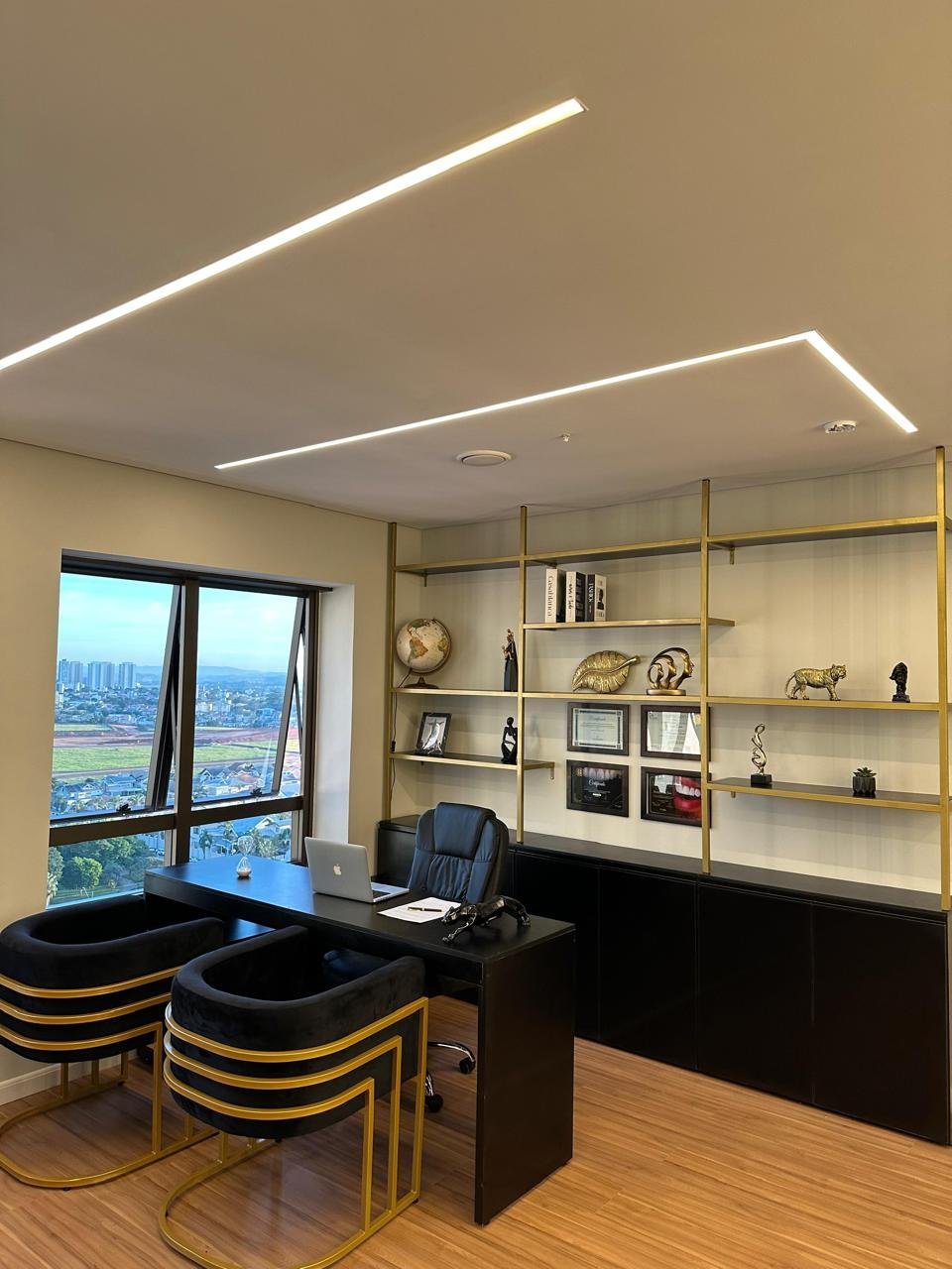 Consultório Odontológico: Sala de atendimento com estante iluminada e detalhes em dourado.