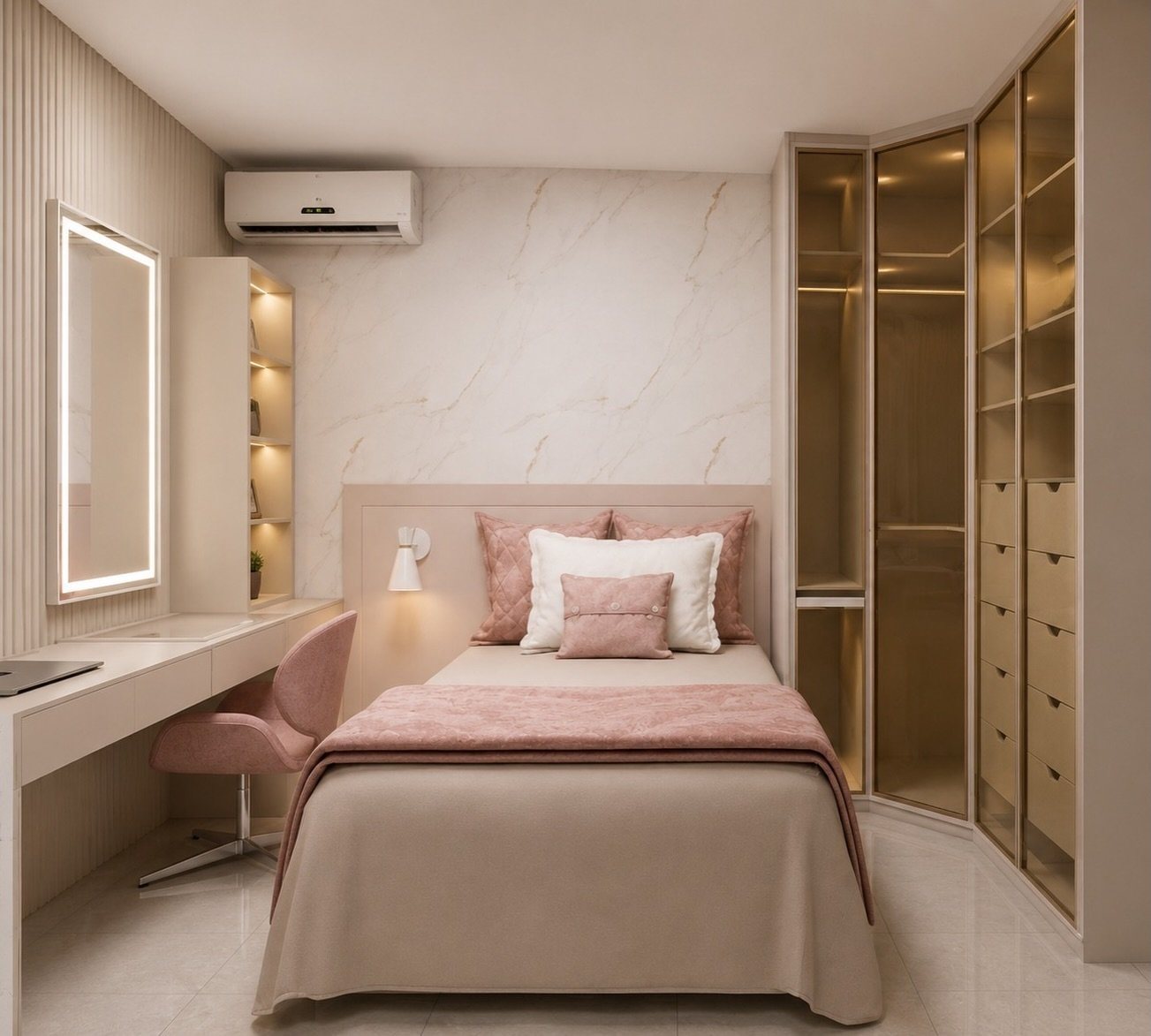 Quarto com Closet: Rosa suave, closet em vidro e bancada com espelho iluminado.